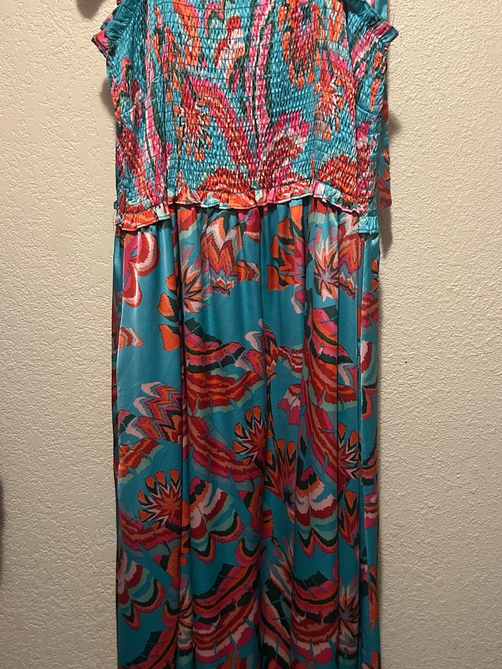 Turquoise Floral Smocked Maxi Dress with Bright Print